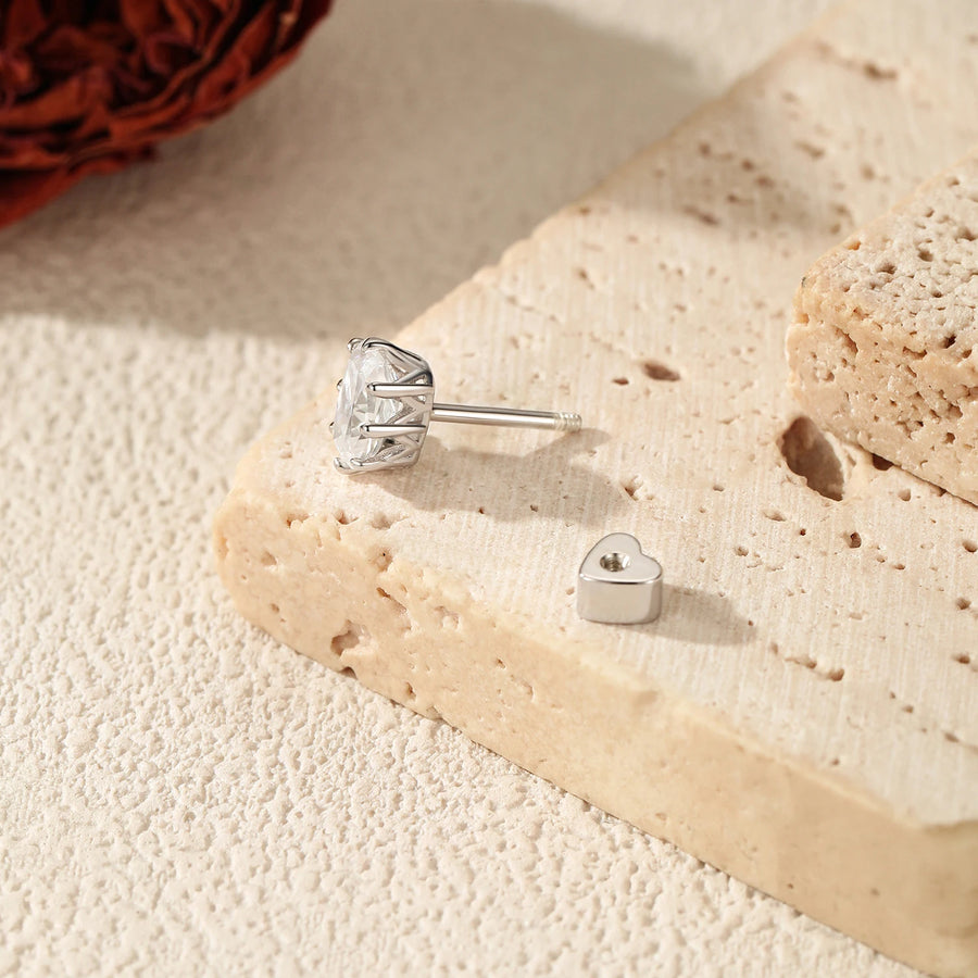 925 Sterling Sliver Oval Lab Diamond Heart Screw Stud (Earrings)