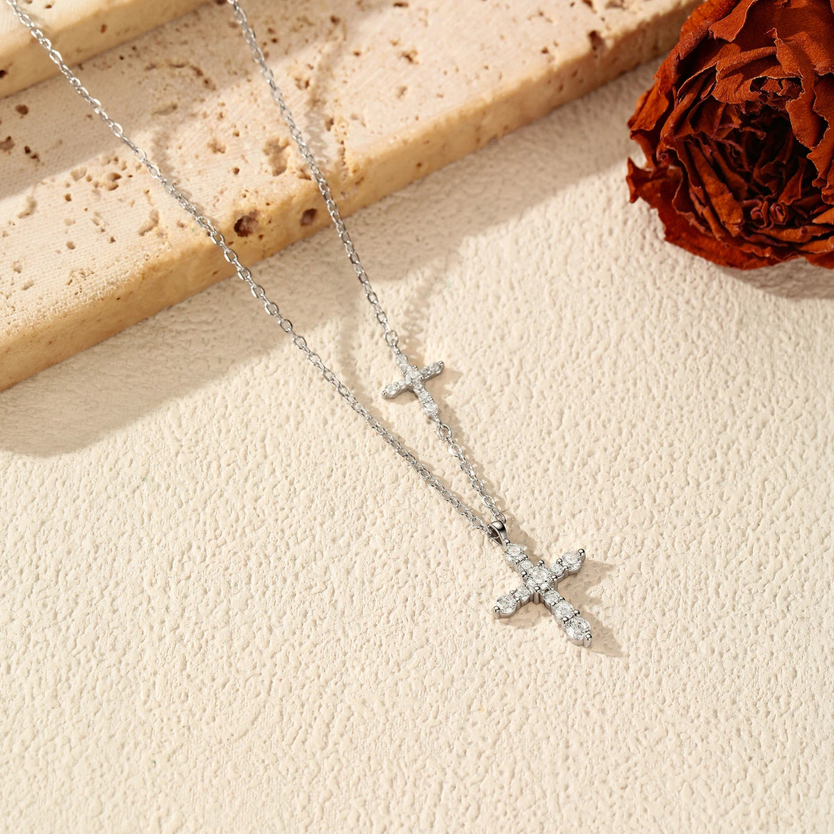 925 Sterling Sliver Delicate Double Cross Pendant (Necklace)